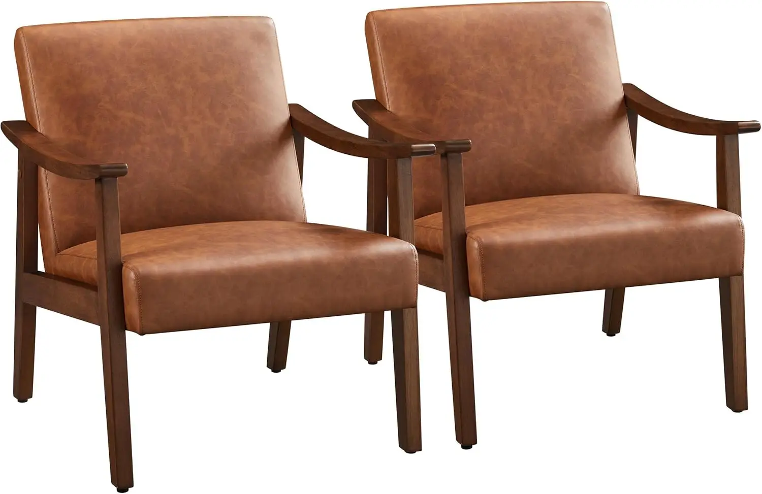 PU Leather Accent Chair, Mid-Century Modern Armchair with Solid Wood Legs, Reading Leisure Chair with High Back