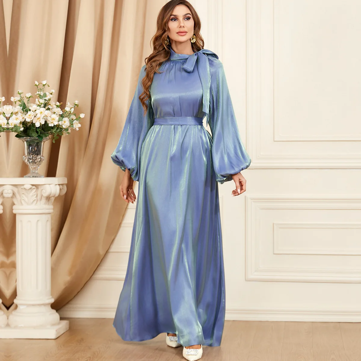 3349 Women's Arabic Apparel New Lace up Solid Long Sleeve Dress