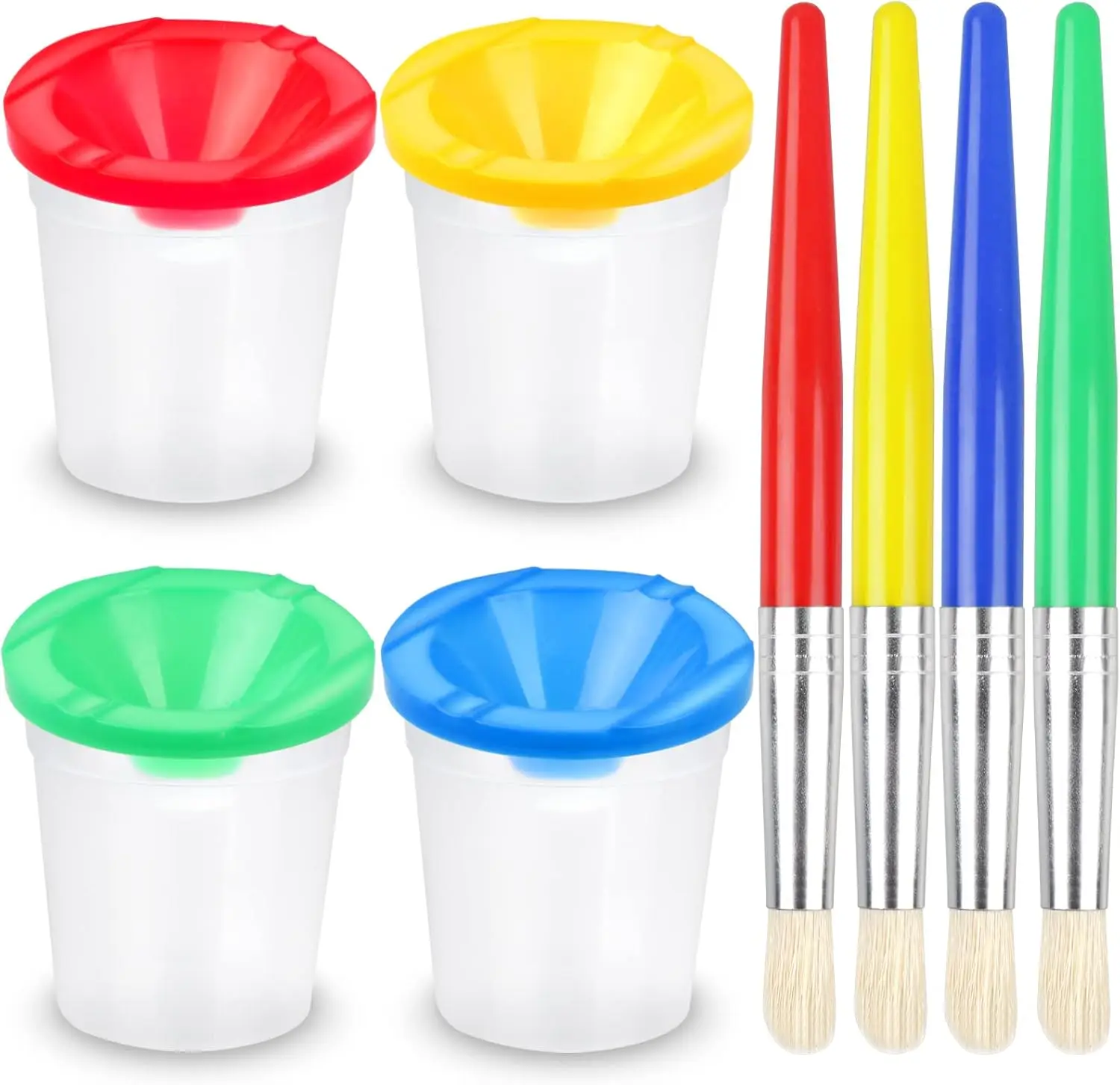 4 Pcs Kids No Spill Paint Cups and 4 Round Paint Brushes 4 Colors Spill Proof Paint Cups for Children’ Art Class and Home
