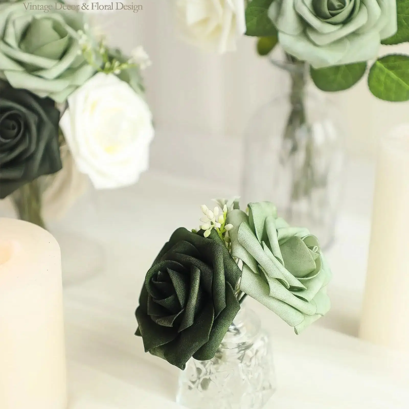 Artificial Flowers 25pcs Real Looking Emerald Green Ombre Colors Foam Fake Roses with Stems for DIY Wedding Bouquets Bridal Show