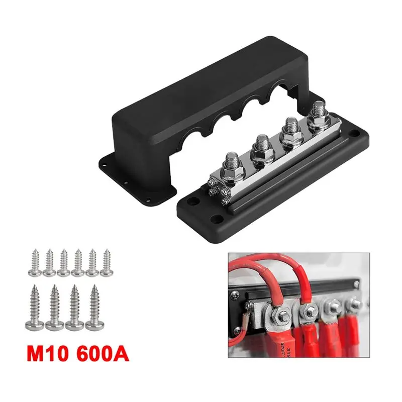 A82M-Heavy Duty For Marine Boat RV Car Truck 600A 4-Way Busbar Power Distribution Block M10 Stud