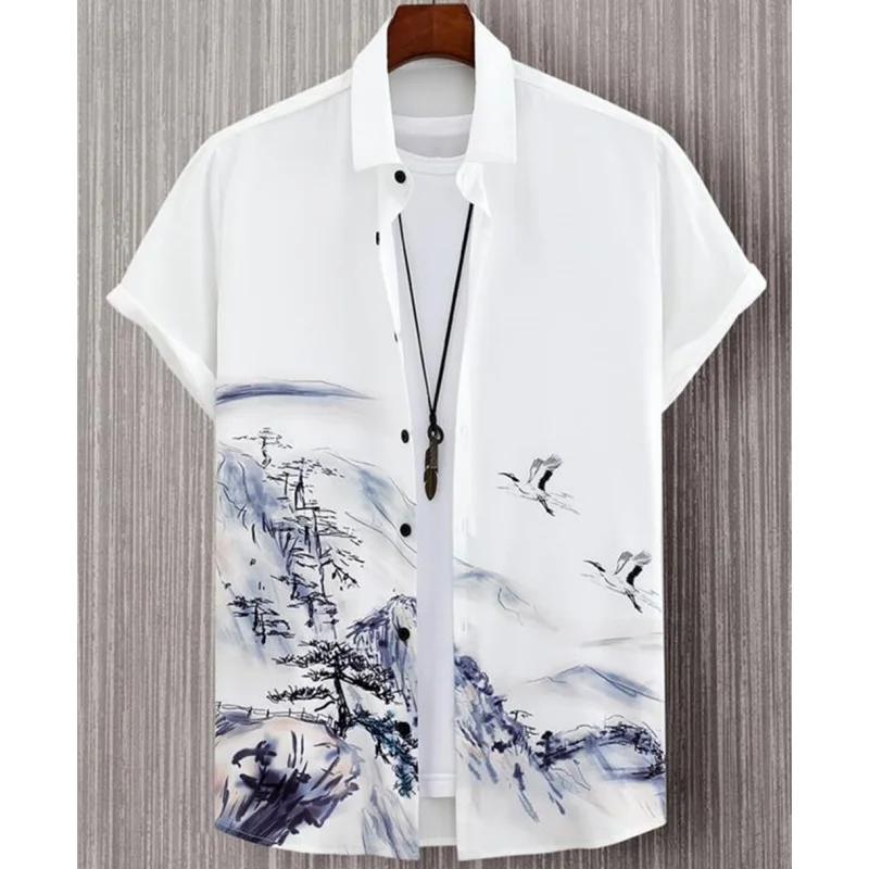 Fashion Shirt For Men 3d Ink Painting Prints Men\'S Clothing Daily Casual Short Sleeve Beach Party Sweatshirt Street Hawaii Shirt