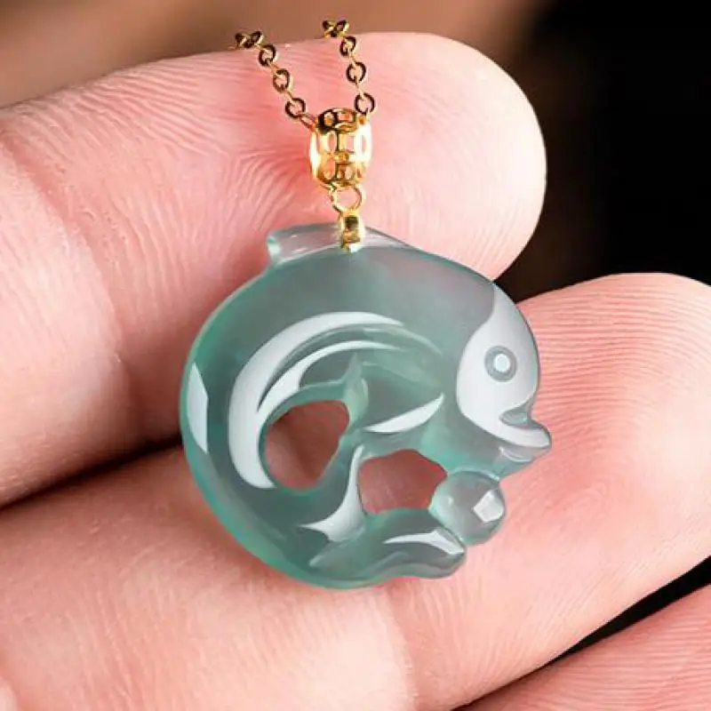 

Natural Myanmar Jadeite Dolphin Jade Charm Necklace Women Genuine Grade A Burma Blue Water Jade Dolphin Pendant Necklaces