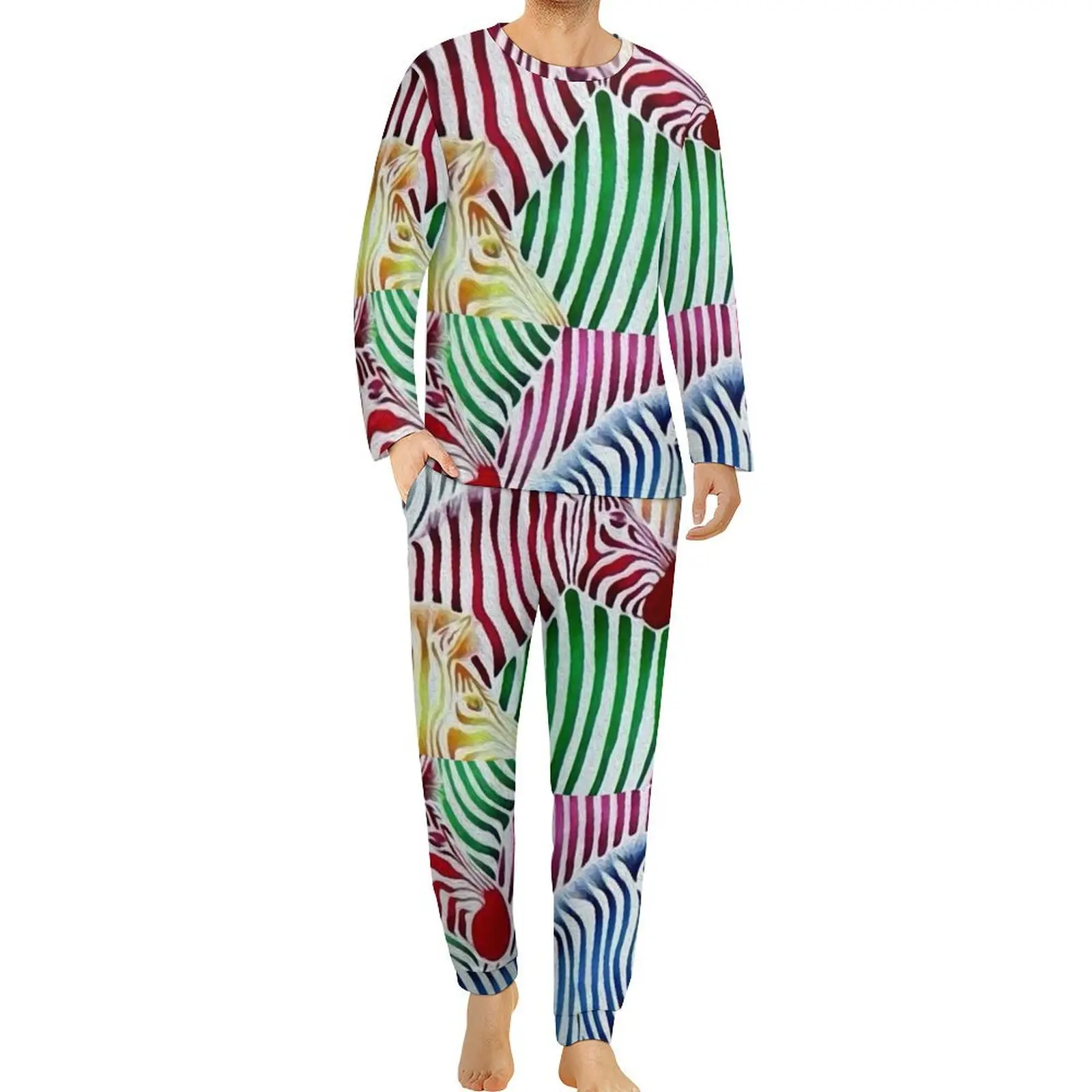 Colorful Zebra Pajamas Men Texture Wild Animal Cute Home Suit Spring Long Sleeve Two Piece Casual Graphic Pajamas Set Large Size