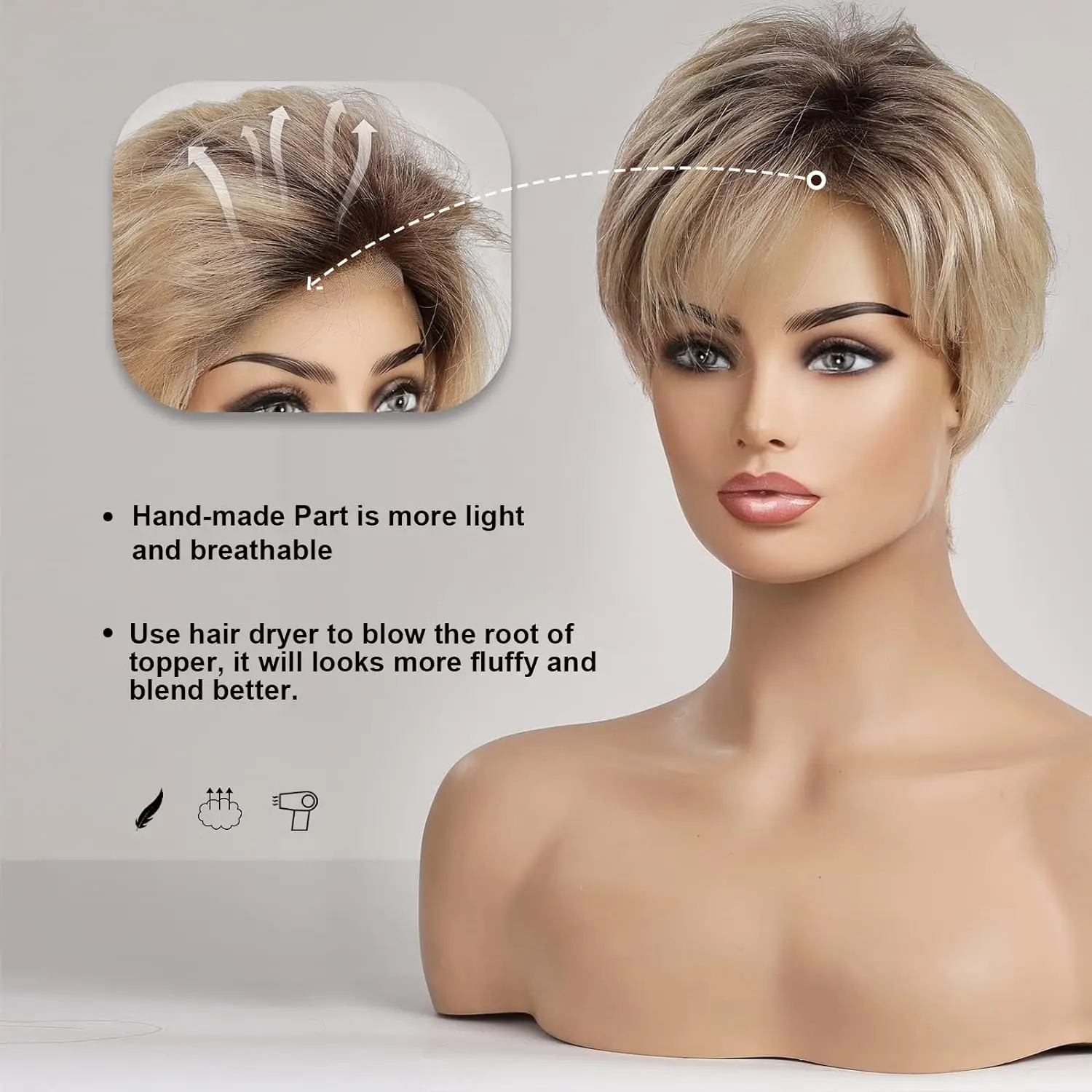 HD Lace Front Wig Short Pixie Cut 100% Remy Human Hair Wigs with Bangs Natural Layered Ombre Blonde Brown Lace Wigs for Women