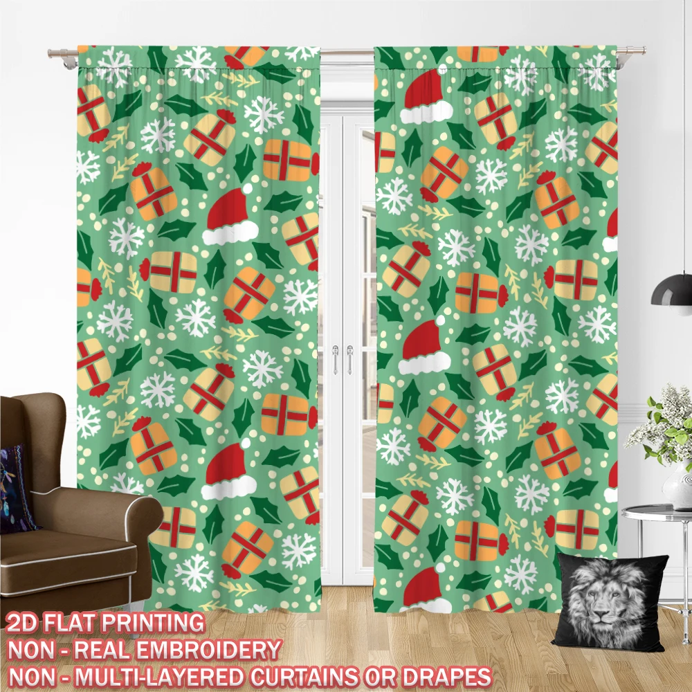 Christmas Flat Printing Curtain with Christmas Hat Gift Box Snowflake Ornament For Christmas Home  Door Windows Decor Party
