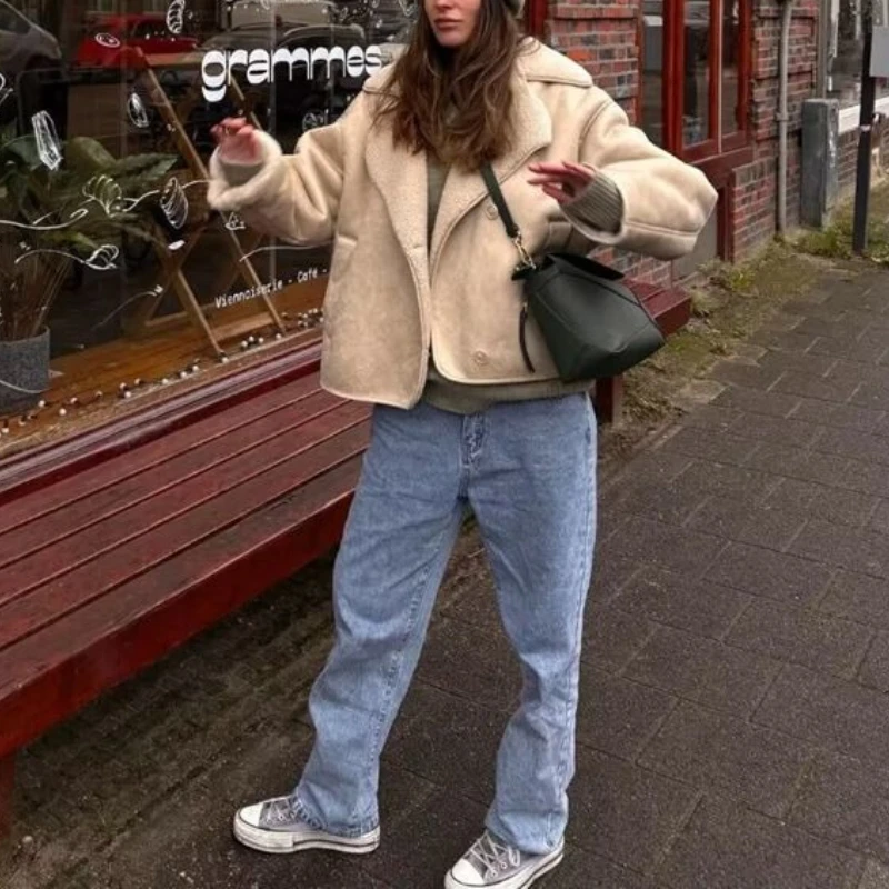 Women's Lambskin Jacket for Autumn and Winter  Loose Fur, One Piece Lapel and Fleece Warm Jacket for Women