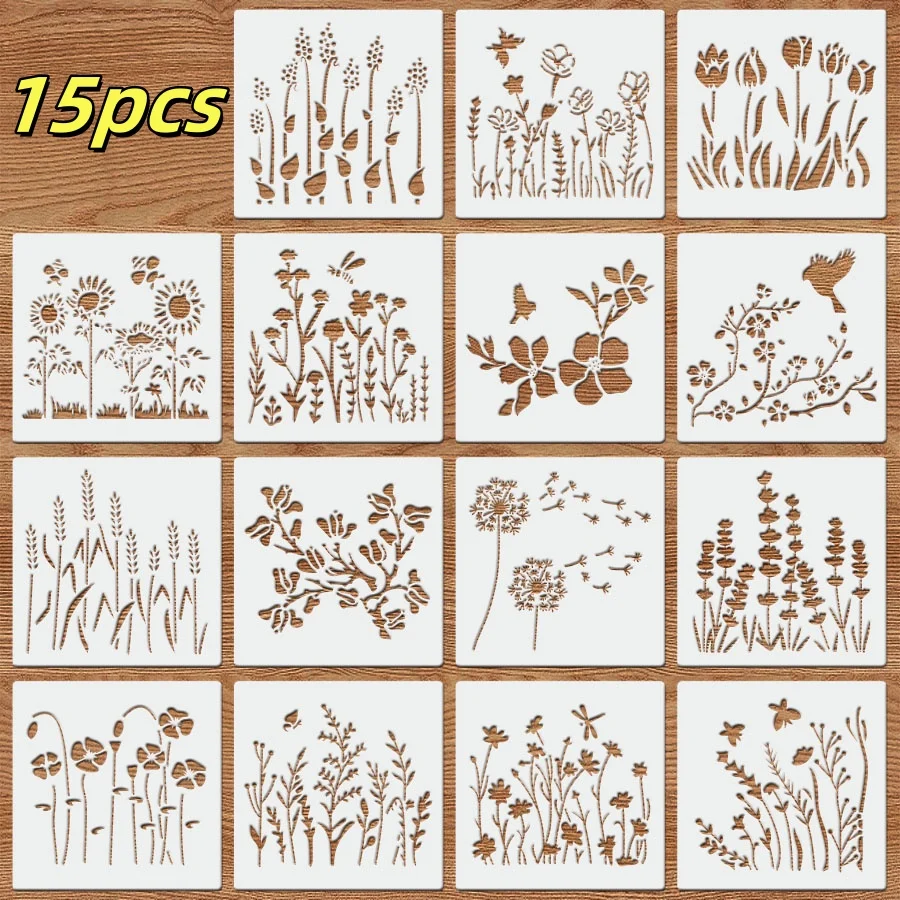 Modelli di stencil grandi da 15 pezzi – Set di pittura riutilizzabile da 6 * 6 pollici per pareti, tessuti, artigianato fai-da-te