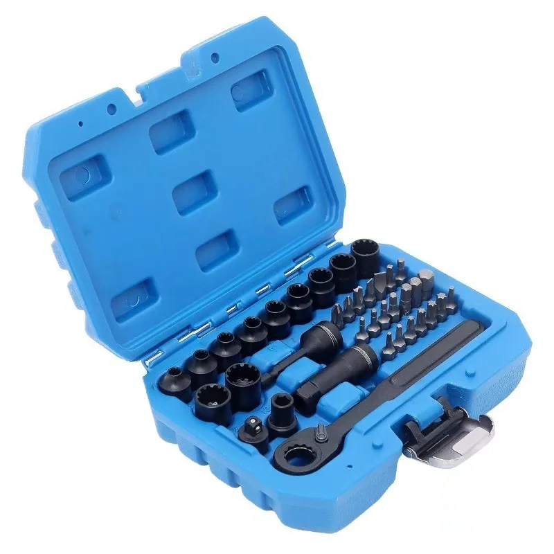 For 37-piece Set of Metric and Imperial Core Ratchet Sleeves, Multifunctional Tooth Profile 12-point Perforation Disassembly Set