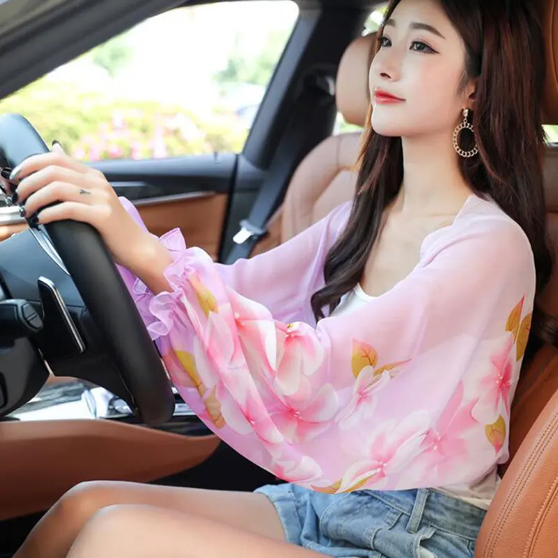 Summer New Women Chiffon Floral Beach Shawl Arm Cover Outdoor Driving Sun Protection Riding Arm Shade Scarf Shawls And Wraps