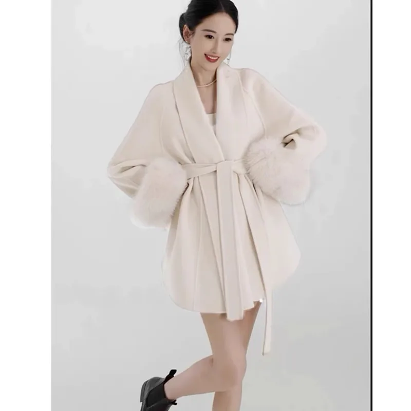 Black Fox fur Short Double-sided Cashmere Coat for women 2026 New Winter Clothing  Fashion Temperament Waist cinched Wool Coats