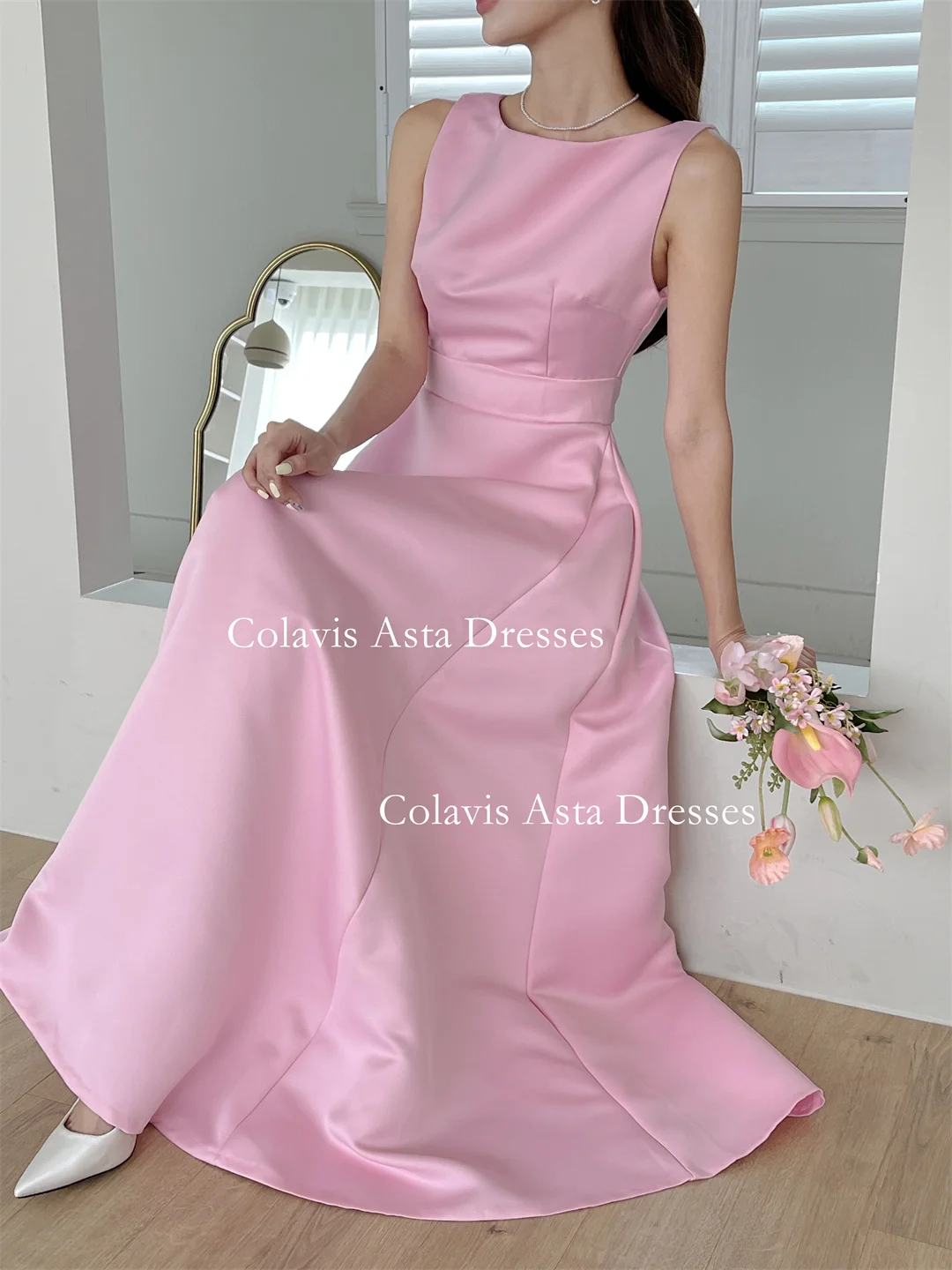 Colavis Asta Korea Boat Neck Evening Dresses 웨딩드레스  Satin Sleeveless Ankle Length Customized A-Line Prom Gowns Plus Size