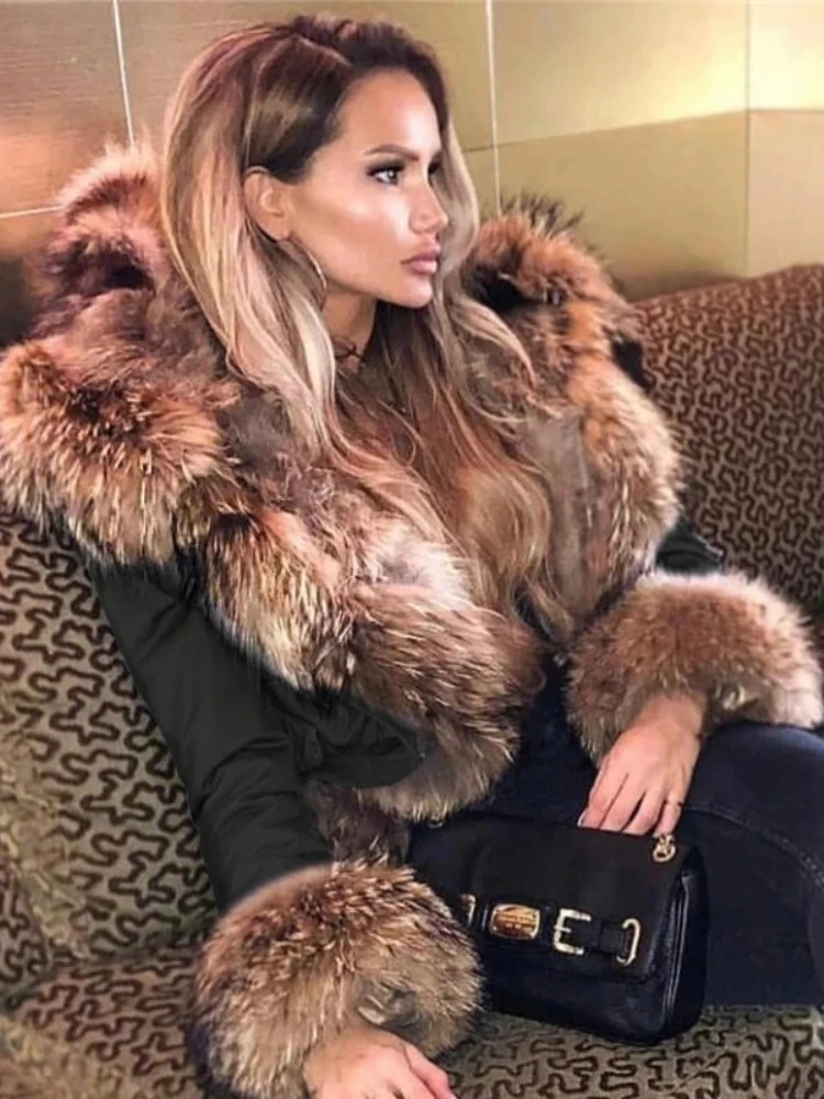 OFTBUY Giacca di pelliccia Donna Collo di pelliccia di procione naturale Parka lungo Caldo nuovo cappotto invernale Cappuccio Parka spesso Cappotto di pelliccia di volpe reale da donna