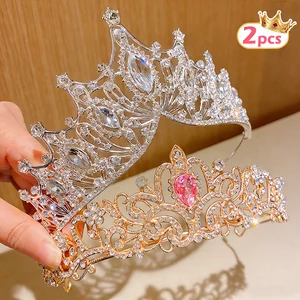 2pcs Luxury Diamond Double Crown Set Gold Silver Dual Color Hair Crown Banquet Bridal Headwear Ball Princess Style Accessories