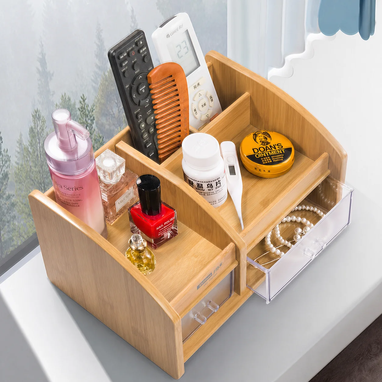 Multi-Compartment Natural Bamboo Pen Holder, Multi-Functional Desktop Storage Organizer For Office School Stationery Supplies