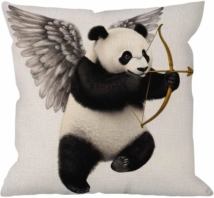 Cute Angel Panda Pillowcase, Flying Bear with Wings & Bow Cushion Cover, Funny Animal Art Home Decor, Unique Living Room Gift