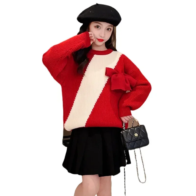 Korean Autumn Winter Junior Girl Sweater Teenager Girl Pullover Color Blocking Top Elementary Cropped Sweaters Kid Bow Knitwears