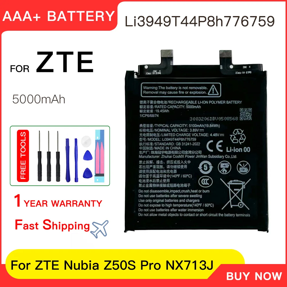 Genuine High Quality  Li3949T44P8h776759 5100mAh Battery for ZTE Nubia Z50S Pro NX713J Phone Replacement Battery Batteria+tools