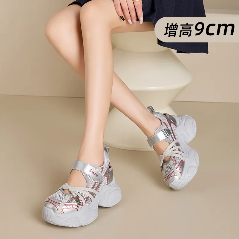 

Women Hollow Out Platform Sandal Sneakers 9CM Hidden Height Increase Breathable Mesh Non‑Slip Casual Walking Shoes for Petite