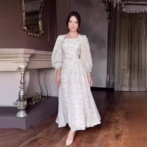 Elegant Floral Fairy Printed Lace-Up Square Neck Long Sleeve Party Dress Women Slim Summer Evening Party Club Long Dress Robe