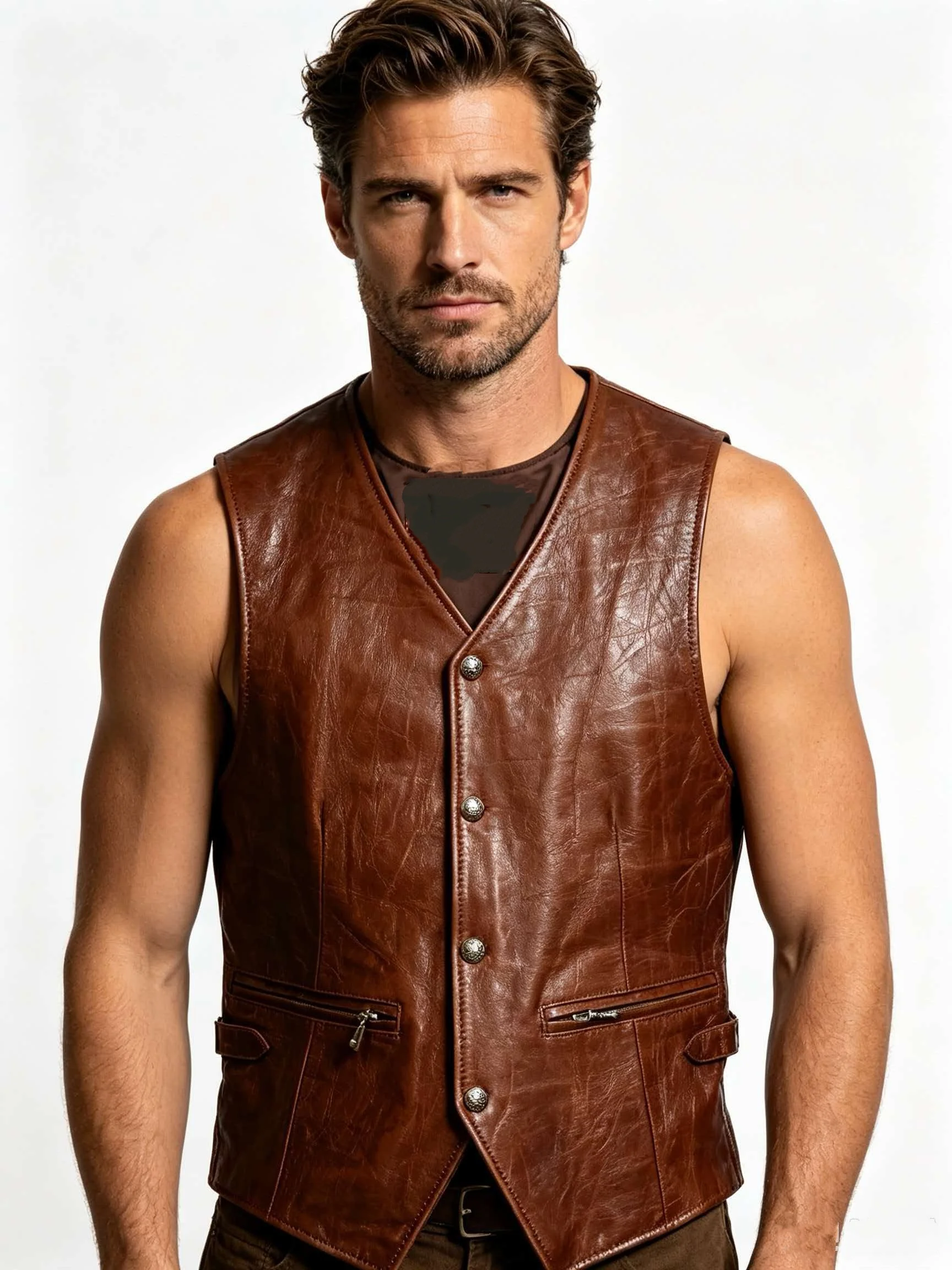 Brown Spring Leather Vest Men Retro Style Plus Size 5XL Genuine Natural Sheepskin O-Neck Collar Single Breasted Sleeveless Coat