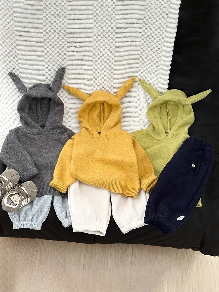 Boys Girls Hooded Sweater Infant Warm Clothes Fashion Toddler Casual Knitwear 2025 Winter New Baby Long Sleeve Knit Sweater