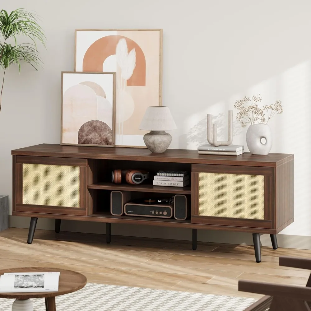 

TV Stand for 65 75 Inch TV, Rattan Entertainment Center with Sliding Doors, Mid Century Modern TV Console with Storage Shelves,