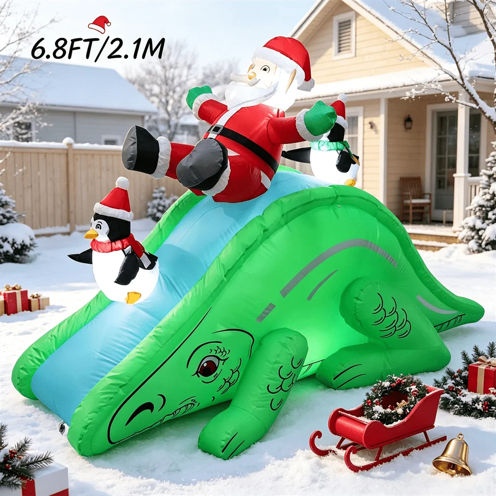 6.8FT Christmas Inflatable Model Dinosaur Slide Outdoor Yard Decor  with LED Lights Holiday  Garden Decorations For Family Party