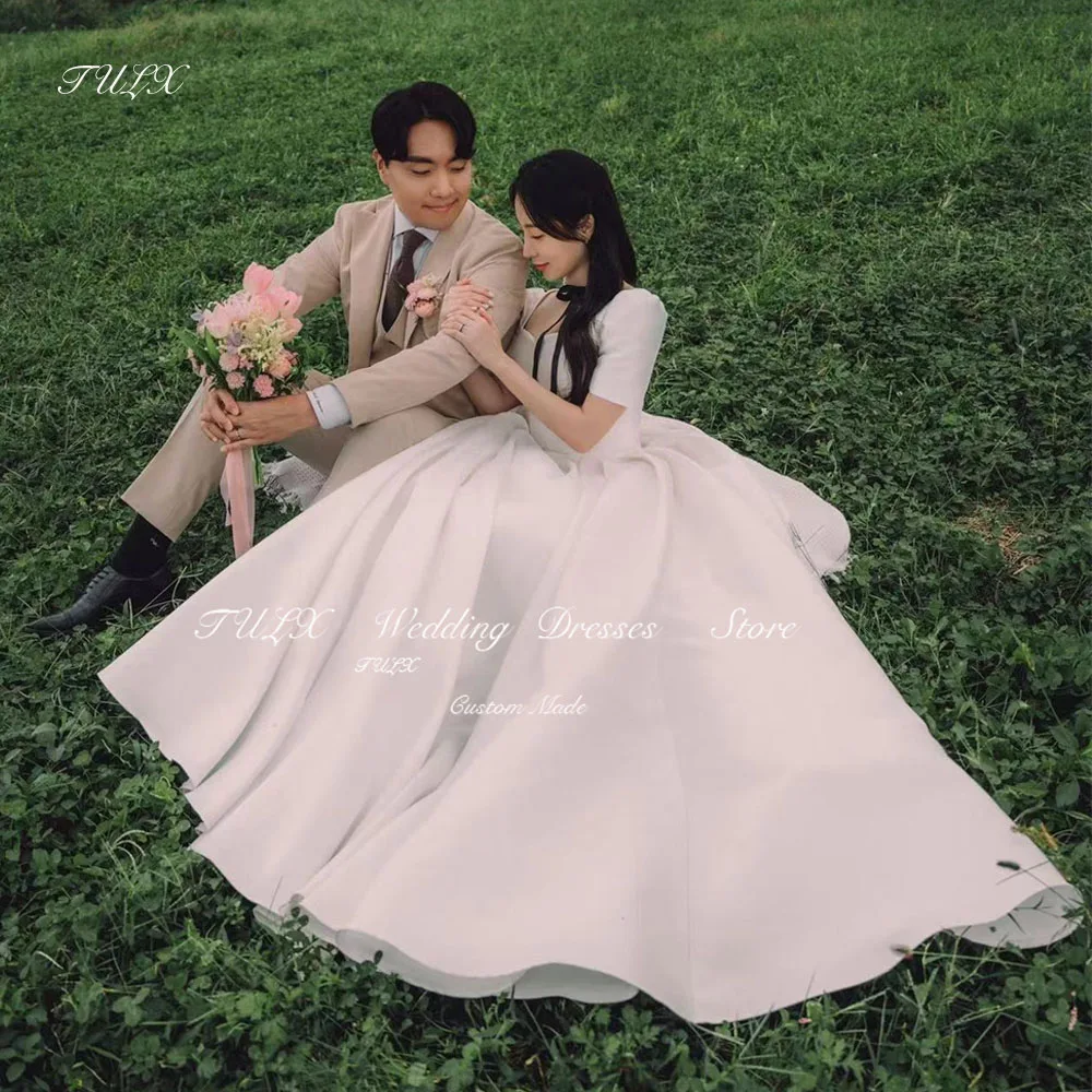 

TULX Simple Square Neck Wedding Dress Korea Photo Shoot Short Sleeve A Line Bridal Gown Floor Length Back Corset Custom Made