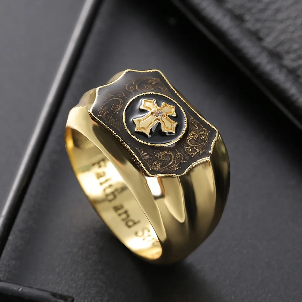 Creative 18k yellow gold black agate Cross Faith and Strength Men\'s ring