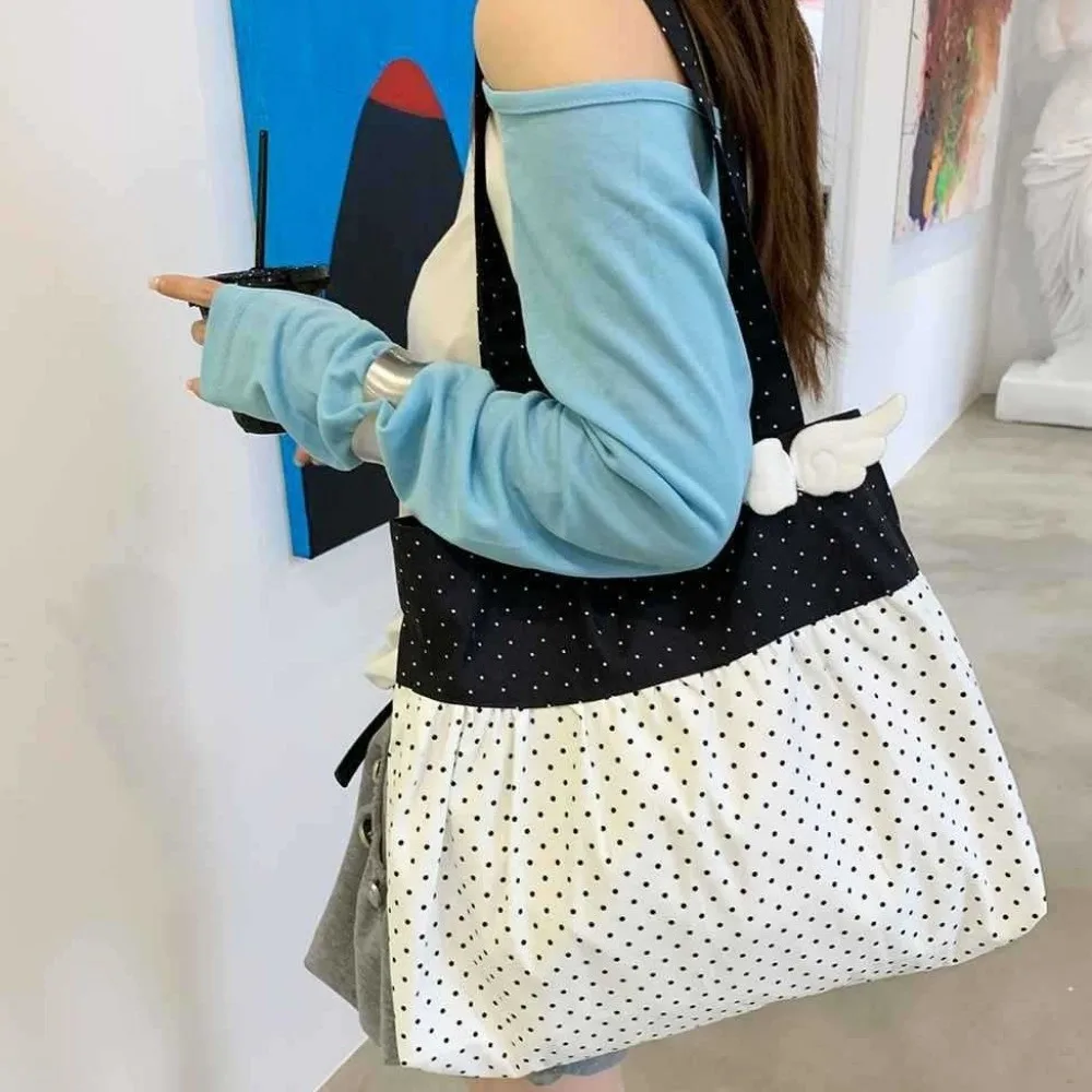 Fashion Wing Polka Dot Shoulder Bag Pleated Ruffled Underarm Bag Canvas Lightweight Retro Tote Bag Ladies