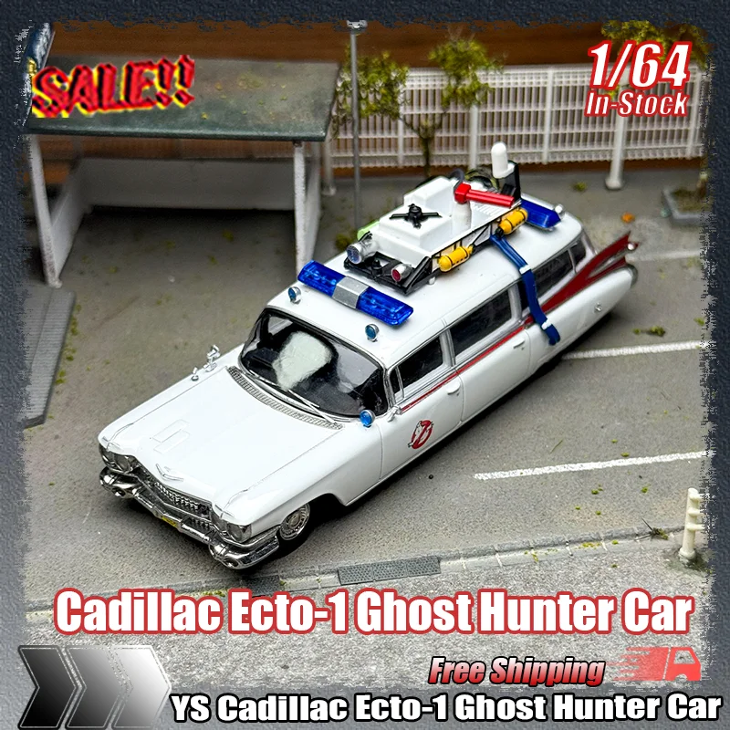 Novo em estoque ys 1:64 cadillac Ecto-1 ghost hunter carro simulação liga em miniatura modelo de carro fundido brinquedo personalizado presente ornamento