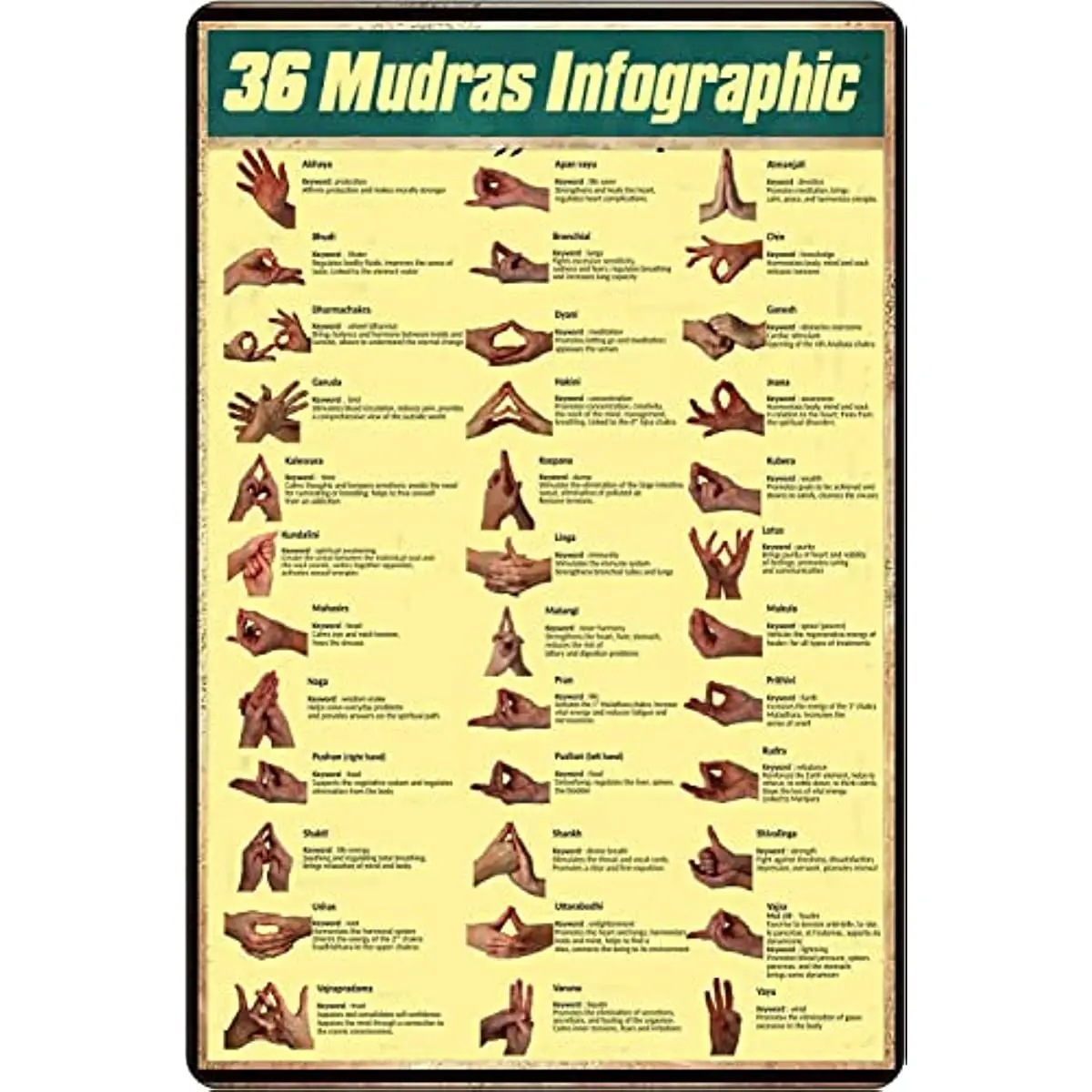 Vintage Knowledge Poster 36 Mudras Infographic for Wall Art Decor for Home Bars Clubs Cafes Home Decor Art Tin Sign Poster