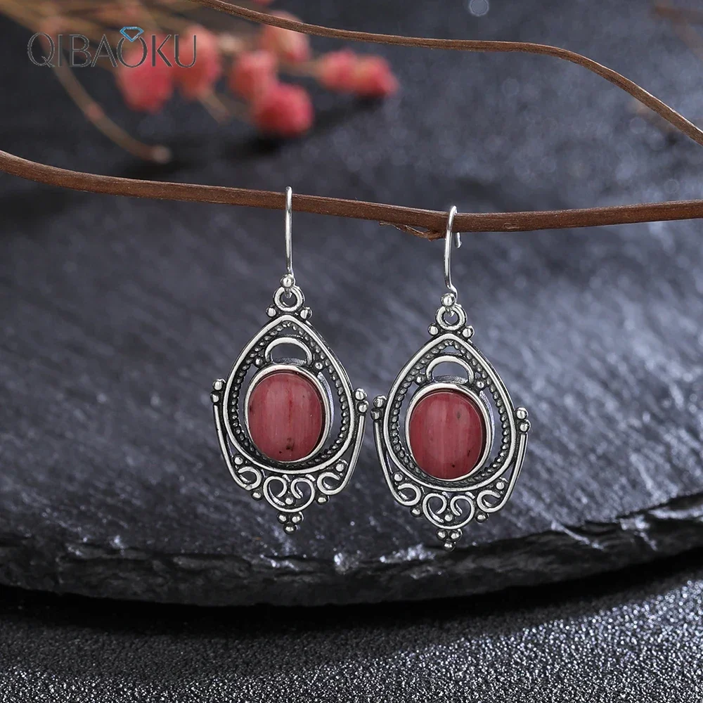 

925 Sterling Silver Earrings Natural 8*10MM Tiger's Eye Stone Earrings for Women Luxury Retro Rhodochrosite Ear Jewelry