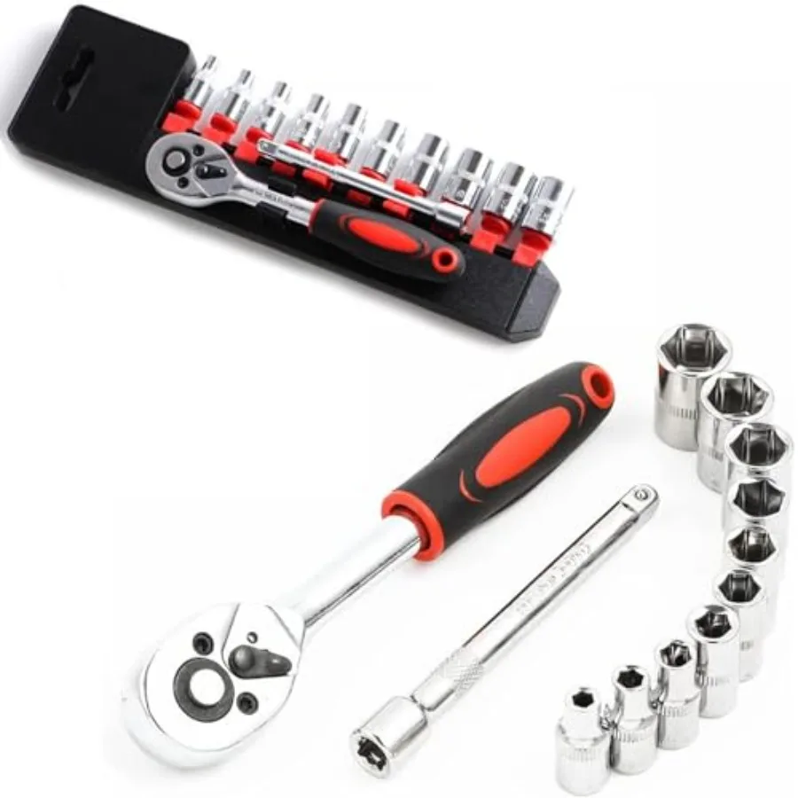 

1/4" Ratchet Socket Wrench Set Mechanic Tool Kit and Sockets Set with Quick Release Reversible Ratchet Handle and Extension Bar