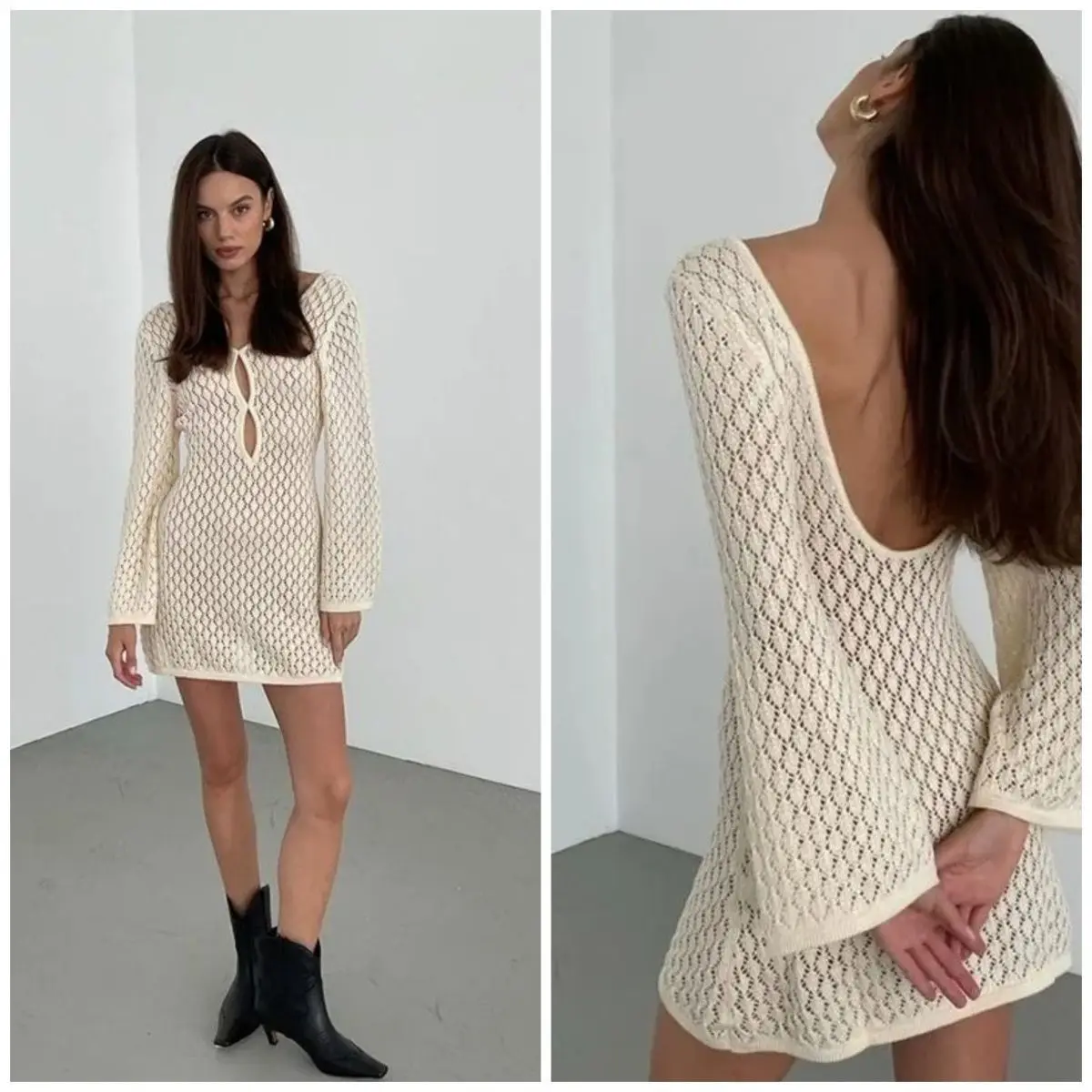 

Vacation Lace Mini Dress Backless V-Neck, Beach Cover Up Long Sleeve Sun Dress, 2025 New Crochet Resort Wear Instagram Sexy