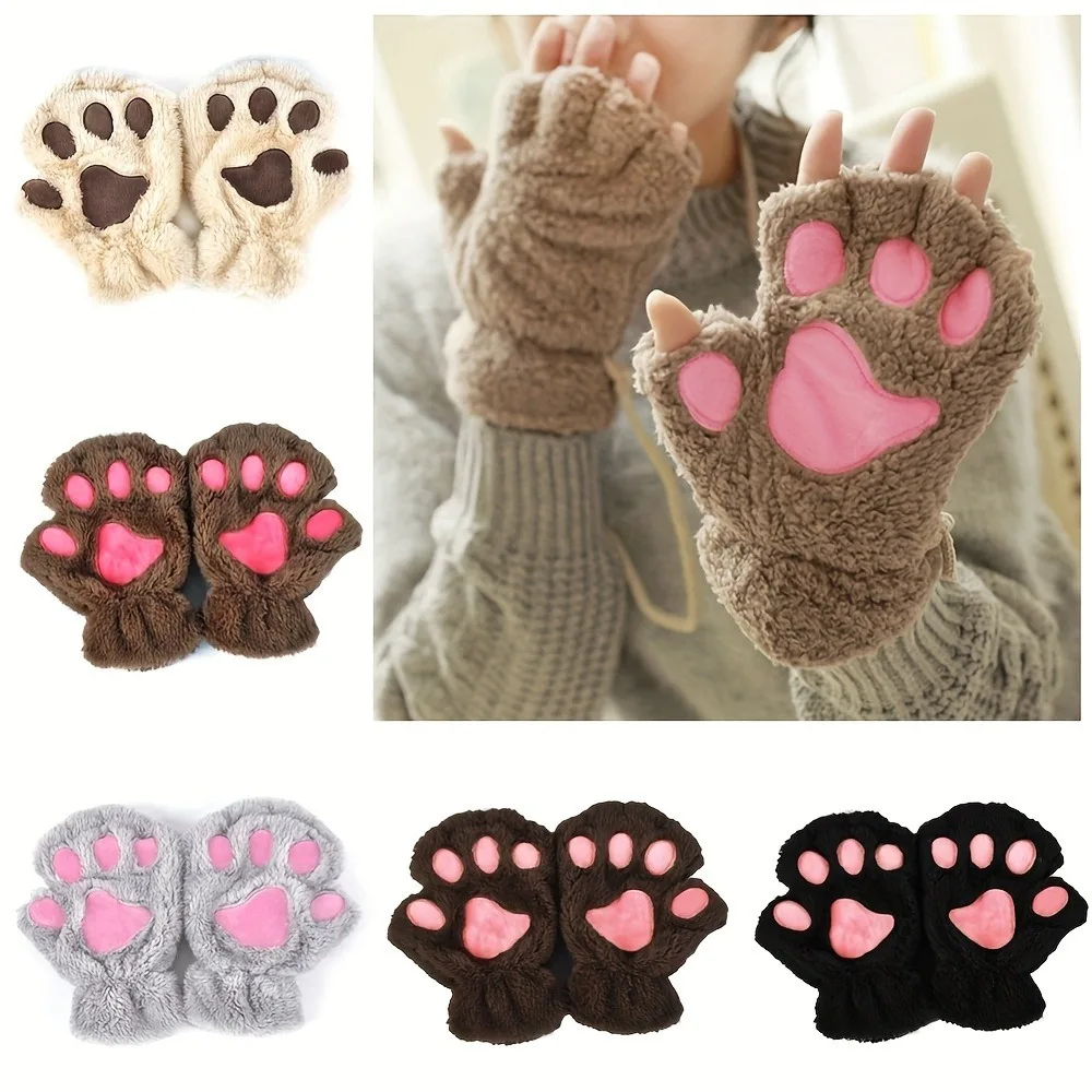 1 Pair of Soft and Cute Cat Paw Fingerless Gloves Thickened Lamb Plush with Bear Paw Print Design for Students Office Work
