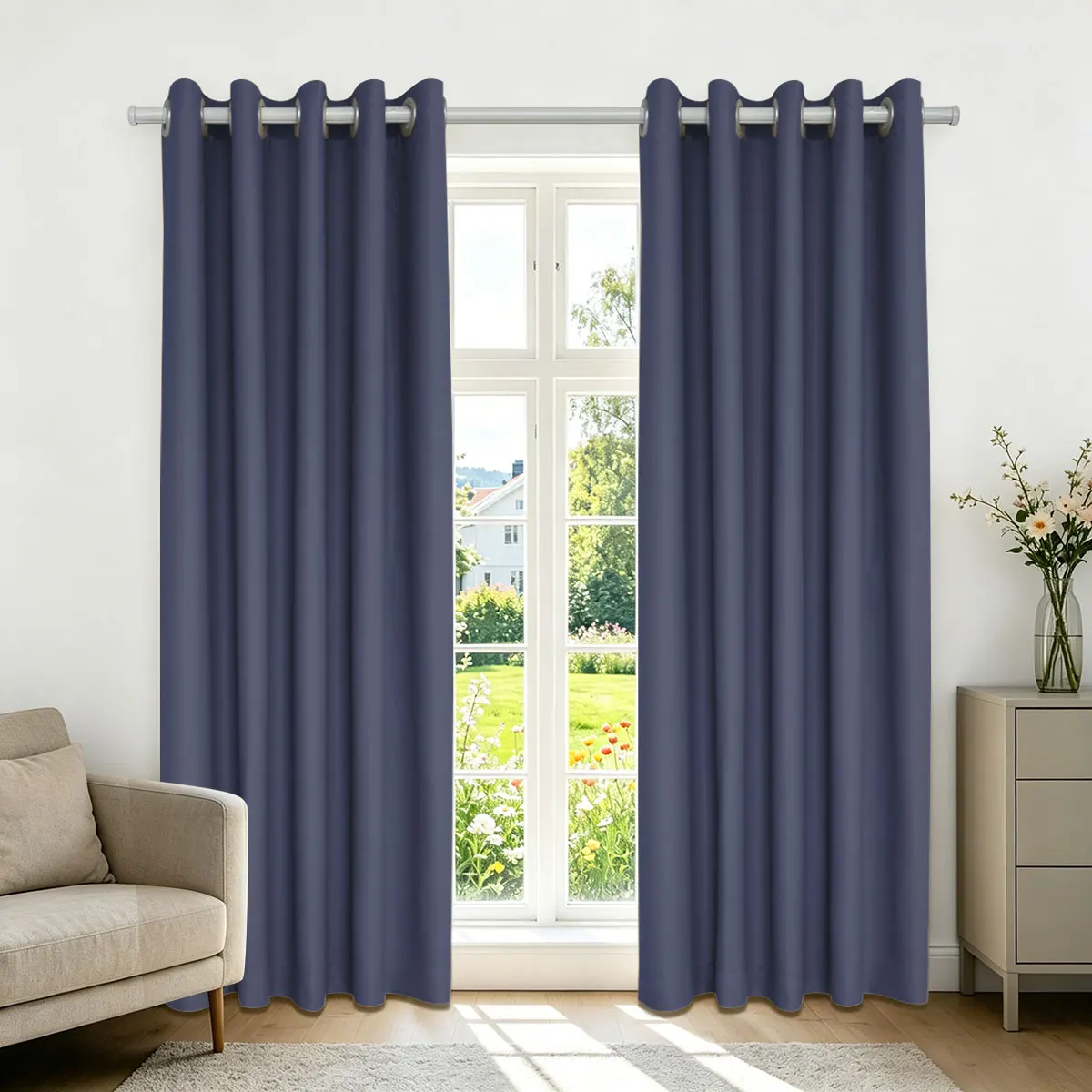 Blue‑Grey High‑Density Blackout Curtains, Grommet Top Light Blocking Window Drapes for Bedroom Living Room, 2 Panels