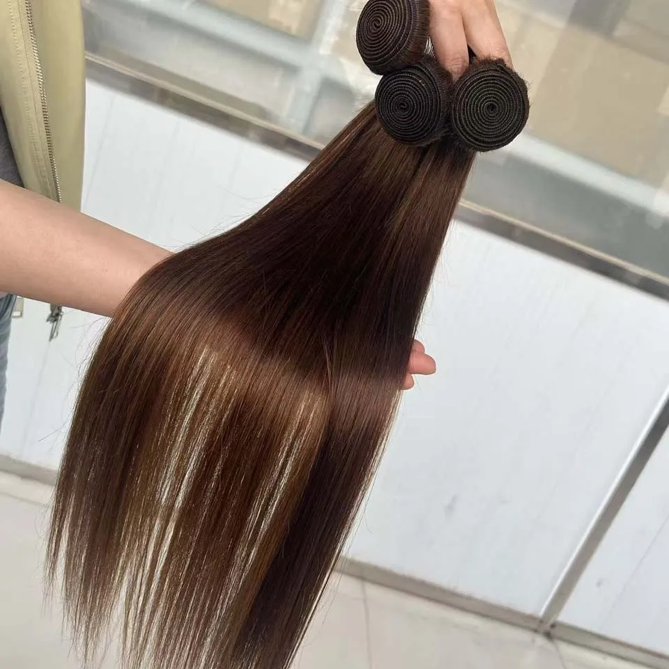 Chocolate Brown Straight Human Hair Bundles Color 4 Straight Virgin Human Hair 3/4 Bundles Quick Weave Real Unprocessed Chocolate Brazilian Virgin Straight Human Hair Extension Dark Brown Mixed Length Double Weft 100g/PC