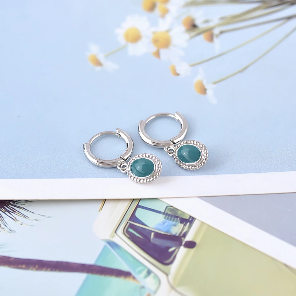 925 silver needle green drop glue oval pendant earrings blue green gem retro earrings men and women universal fashion jewelry