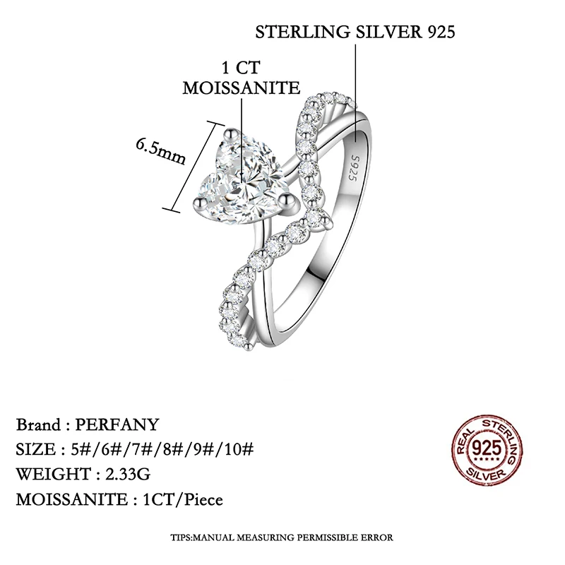 PERMANY 1CT Heart Cut Moissanite Ring for Women S925 Pure Silver Laboratory Diamond Elegant Luxury Wedding Jewelry