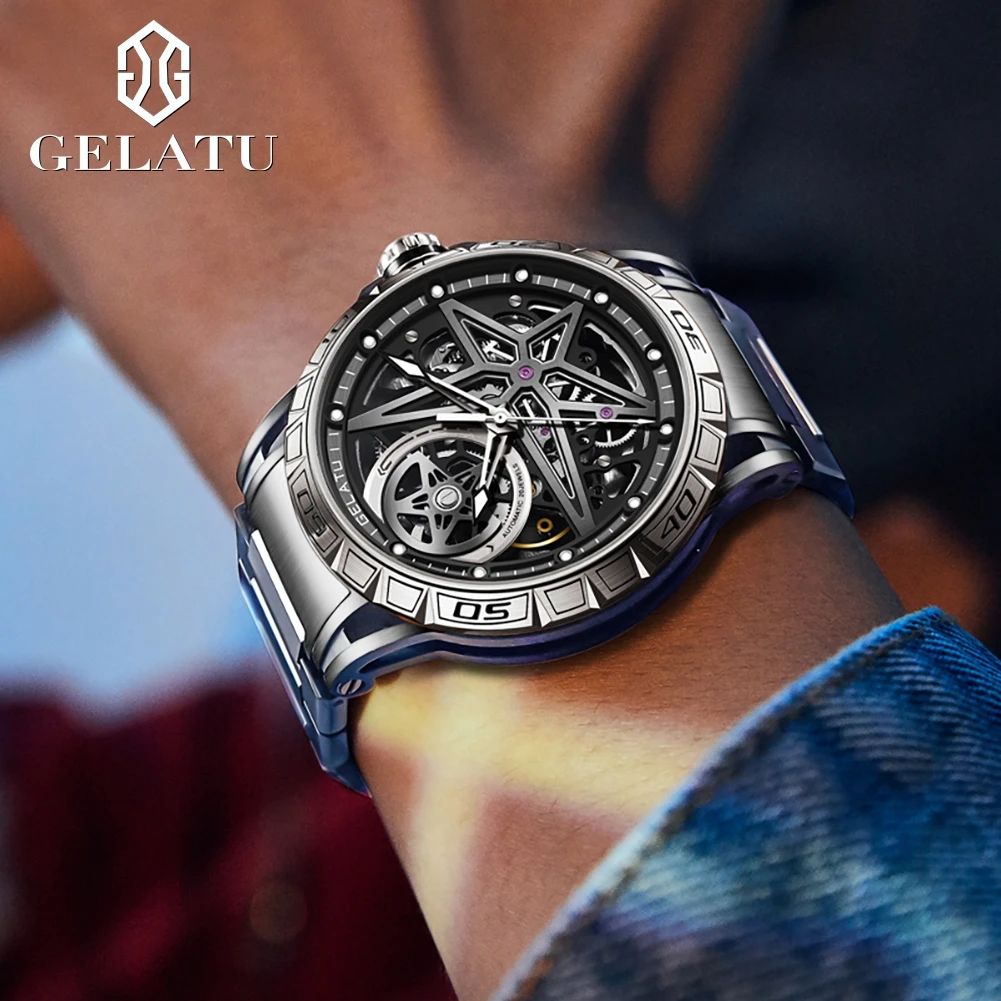 GELATU Original Brand Mechanical Watch for Men Fashion Trends Hollow Gear Dial Full Automatic Wristwatch Luminous Waterproof