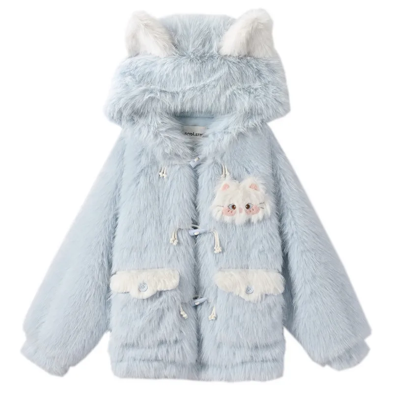 Abrigo con capucha de piel sintética con orejas de gato, color azul claro, estilo Kawaii, estilo japonés Sweet Lolita, con botones de gato de dibujos animados, para mujer, para invierno.