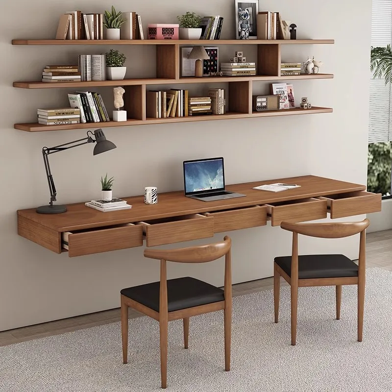 Suspended wall-mounted solid wood computer desk, one-word board, household writing table, modern simple suspended desk,