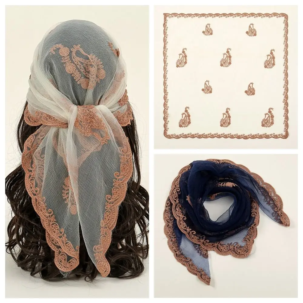 

Elegant Square Lace Scarf Hollow Out Thin Foulard Bandana Vintage Floral Embroidery Hair Scarf Headband Women