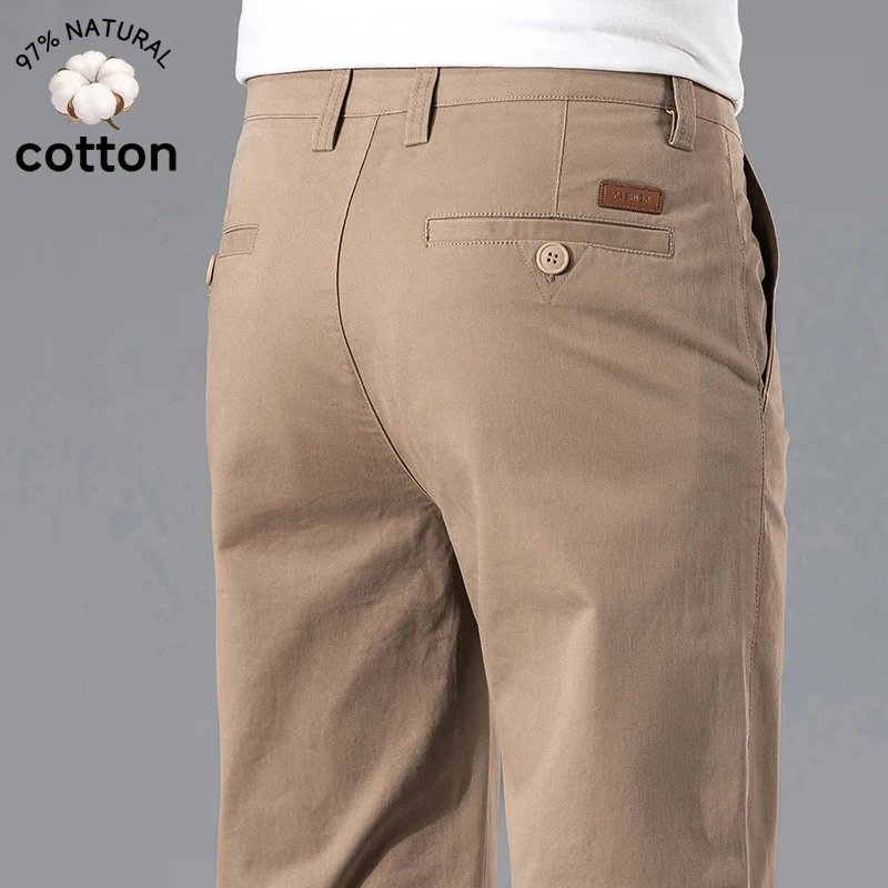 Pantalones de Marca para Hombre, Primavera-Verano, Casuales, 97% Algodón, Corte Recto, Pantalones de Vestir, Chinos, Color Caqui Sólido, Talla 38
