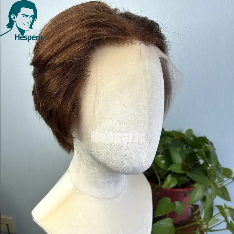 Hesperis بني فاتح شعر الإنسان الرجال الباروكات غلويليس قبل قطعها قصيرة قطع الدانتيل الجبهة الباروكات للذكور 13x6 جزء عميق الفضاء قطع الباروكات