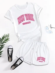 Printed two-piece set, short sleeved T-shirt and shorts, women's clothing