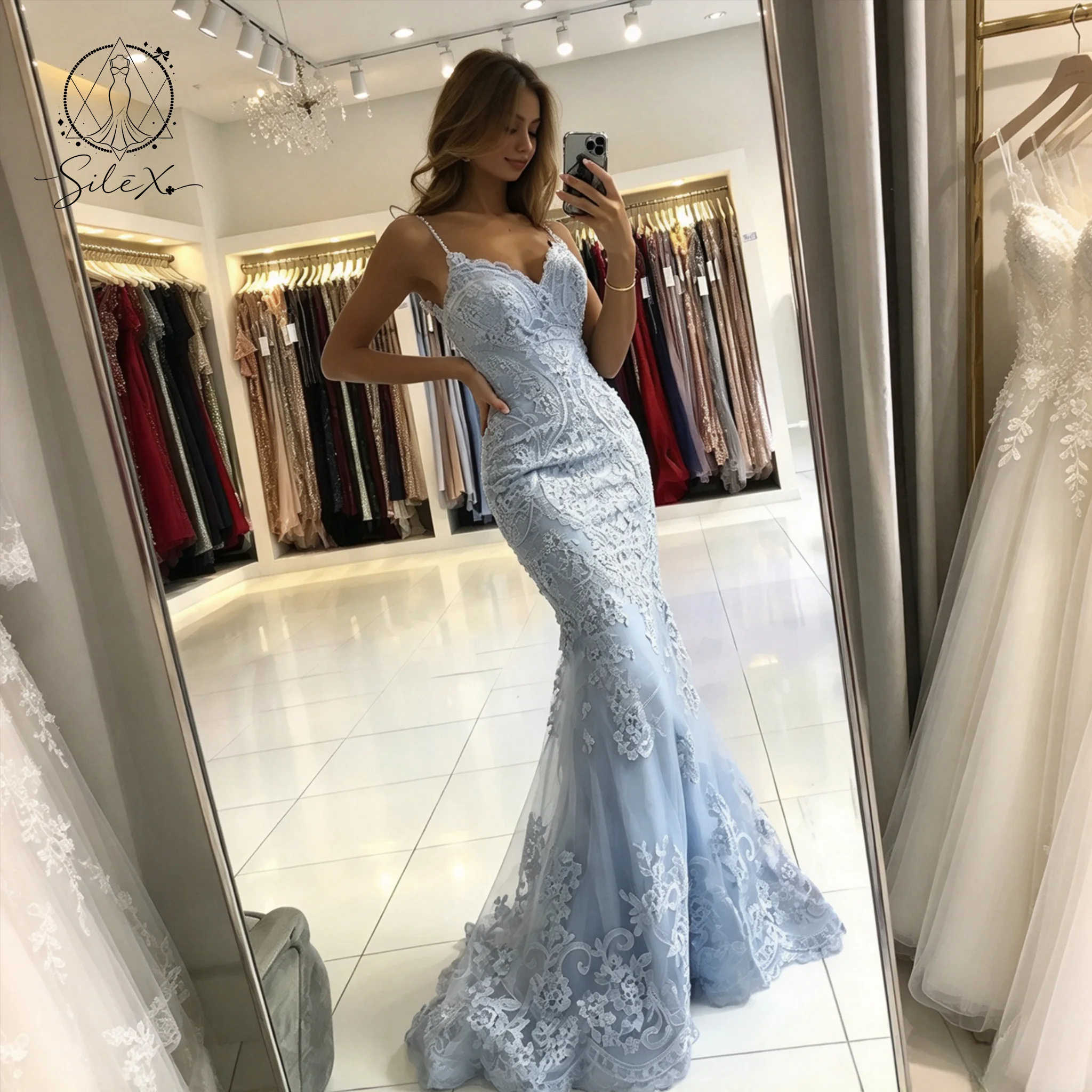 Dusty Blue Tulle Mermaid Evening Dress Women Spaghetti Strap V Neck 3D Floral Lace Appliques Formal Gown