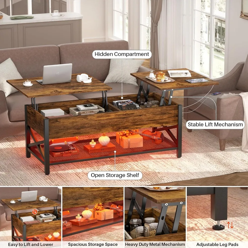 Coffee Table, Lift Top Coffee Table with LED Light and Power Outlet, Modern Lift-Top Center Table with Storage Shelf,